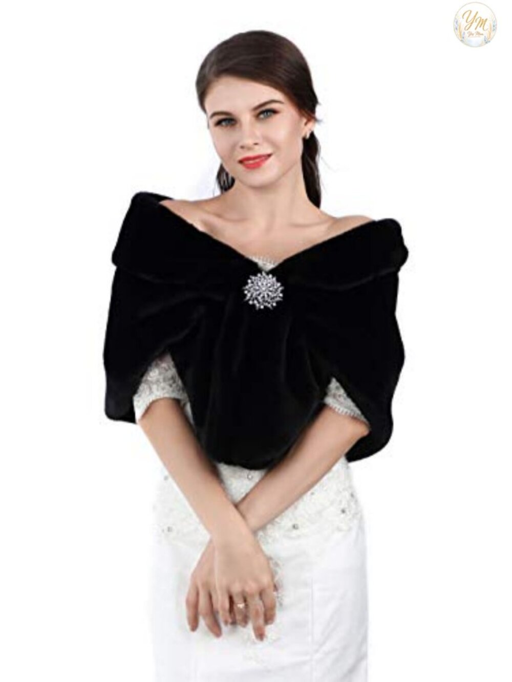 Faux Fur Wedding Shawl Wrap with Rhinestone Brooch Bridal Stole
